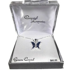 Silver Plated Blue Crystal Butterfly Necklace 18"